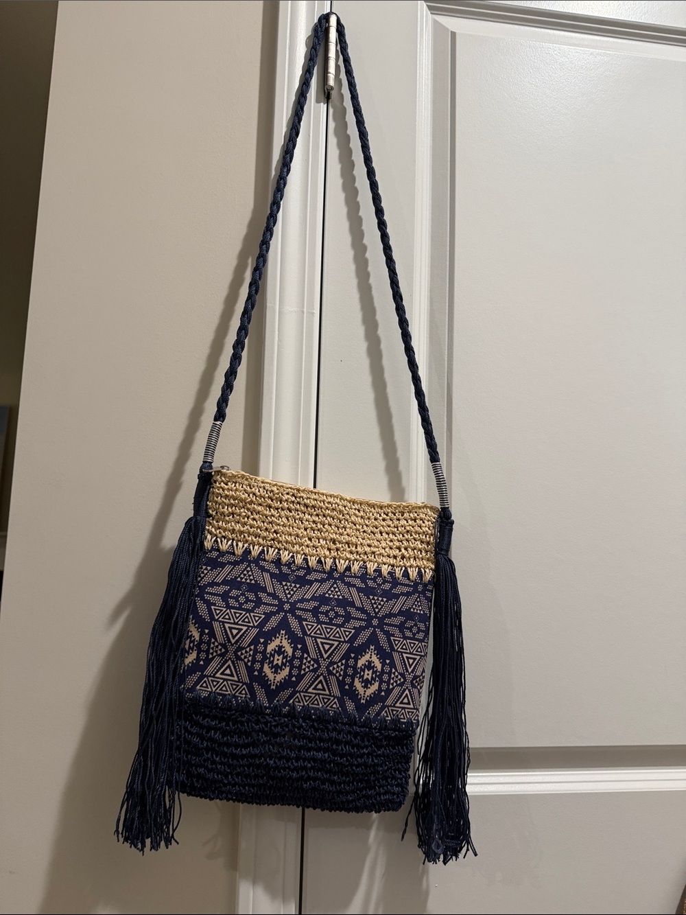 Navy & Natural Woven Fringe Crossbody Bag by Sun and Sand